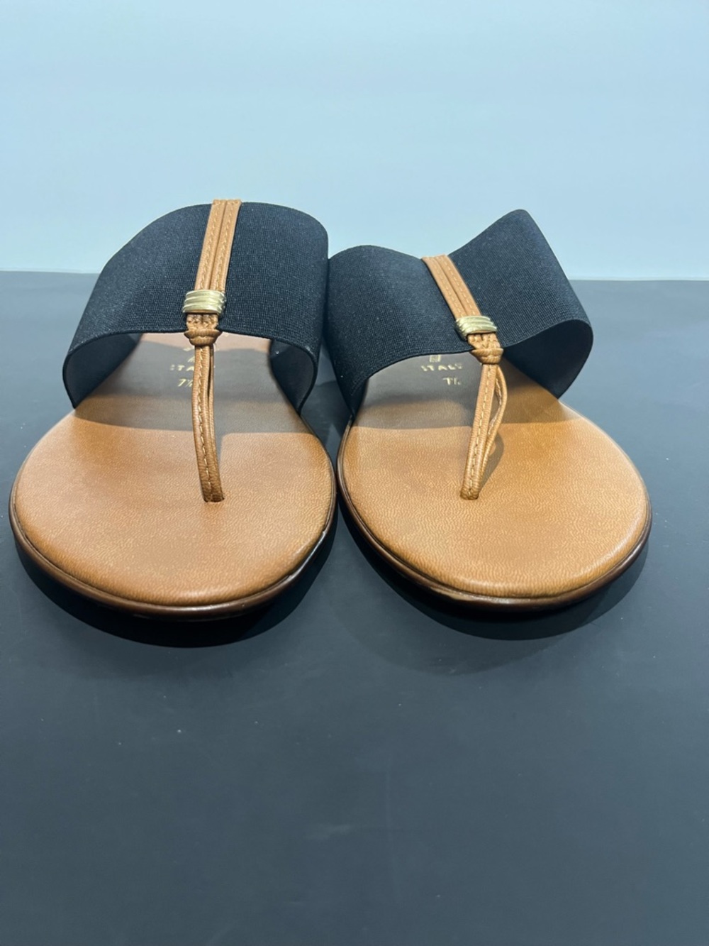 Italian Shoe Maker Tan Black Gold Stretch Women's Slip in Slide Thong Sandals - Picture 3 of 9